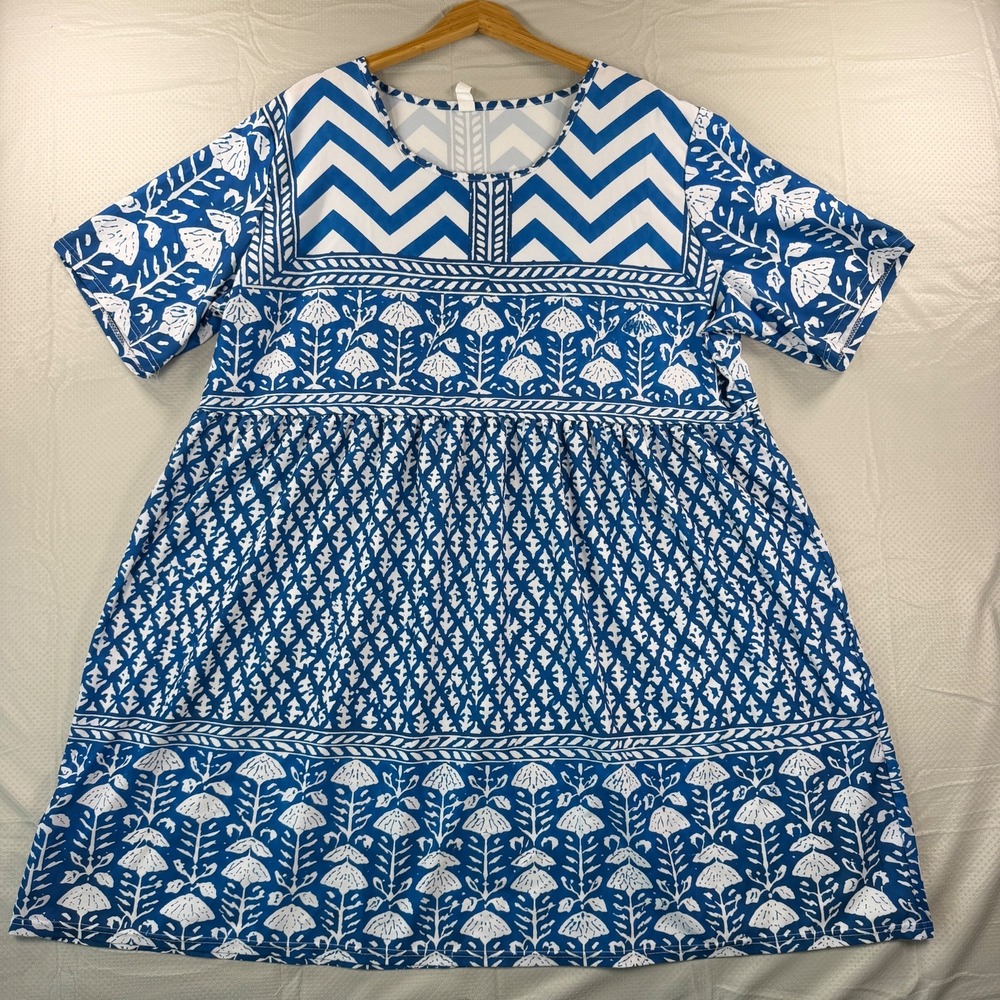 Blue White Geometric Floral Babydoll Mini Dress Short Sleeve Boho Women 4XL